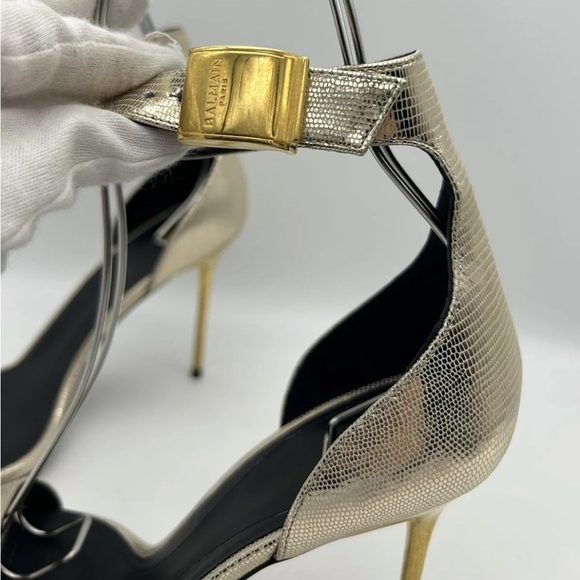 Balmain Uma Lizard-Embossed Leather Sandals Gold Women’s EU 37.5 New In box - Picture 16 of 16